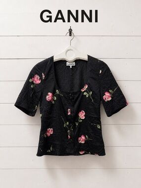 GANNI Floral Crinkled Satin Blouse – Black – Size 36
